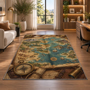 Fantasy Map in a Book rug in a living room with a desk and large windows