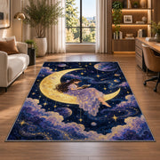 Reading on the Moon rug in a living room with a desk and large windows