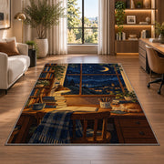 Starry Night Study Desk rug in a living room with a desk and large windows