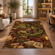 Dragon Guarding Books rug in a living room with a desk and large windows