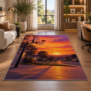 Driveway Hoop at Sunset rug in a living room with a desk and large windows