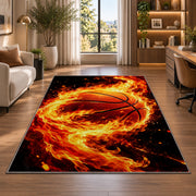 Basketball on Fire rug in a living room with a desk and large windows