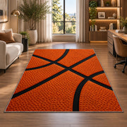 Basketball Texture Close-Up rug in a living room with a desk and large windows