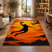 Slam Dunk Sunset Silhouette rug in a living room with a desk and large windows