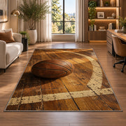 Vintage Leather Basketball rug in a living room with a desk and large windows