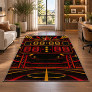 Retro Scoreboard rug in a living room with a desk and large windows
