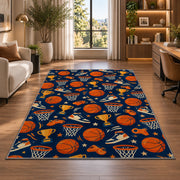 Basketball Icons Pattern rug in a living room with a desk and large windows