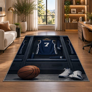 Locker Room Jersey Number 7 rug in a living room with a desk and large windows