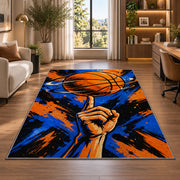 Spinning Ball on Finger rug in a living room with a desk and large windows