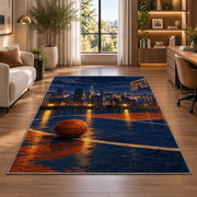 Rooftop Court City Night rug in a living room with a desk and large windows