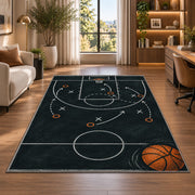 Chalkboard Basketball Play rug in a living room with a desk and large windows