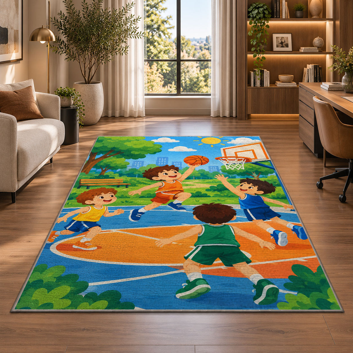 Kids Playing Basketball rug in a living room with a desk and large windows