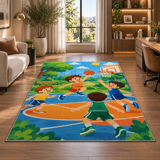 Kids Playing Basketball rug in a living room with a desk and large windows