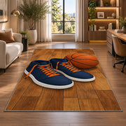 High-Top Sneakers and Ball rug in a living room with a desk and large windows