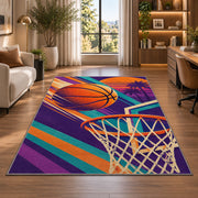 Retro 80s Hoops Poster rug in a living room with a desk and large windows
