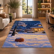 Snowy Backyard Hoop rug in a living room with a desk and large windows