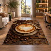 Latte Art Heart Cappuccino rug in a living room with a desk and large windows