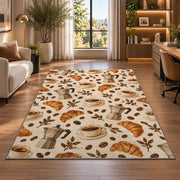Coffee Shop Pattern rug in a living room with a desk and large windows