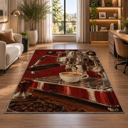 Vintage Espresso Machine rug in a living room with a desk and large windows