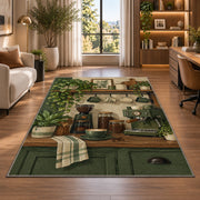 Cozy Coffee Bar Nook rug in a living room with a desk and large windows