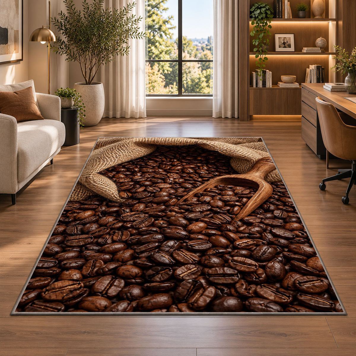 Burlap Sack of Coffee Beans rug in a living room with a desk and large windows