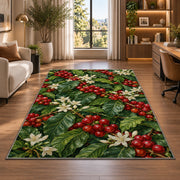 Coffee Cherry Branches rug in a living room with a desk and large windows
