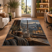 French Press Rainy Window rug in a living room with a desk and large windows