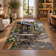 Parisian Sidewalk Cafe rug in a living room with a desk and large windows