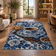 Blue Willow Coffee Cup rug in a living room with a desk and large windows