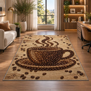 Coffee Bean Cup Art rug in a living room with a desk and large windows
