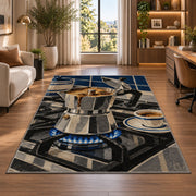 Moka Pot on the Stove rug in a living room with a desk and large windows