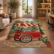 Retro Coffee Cart rug in a living room with a desk and large windows