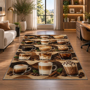 Coffee Drinks Guide rug in a living room with a desk and large windows