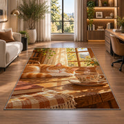 Cat and Morning Coffee rug in a living room with a desk and large windows
