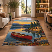 Red Canoe and Tent at Sunrise Lake rug in a living room with a desk and large windows