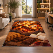 Campfire S'mores rug in a living room with a desk and large windows