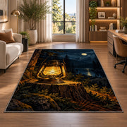Vintage Camping Lantern rug in a living room with a desk and large windows
