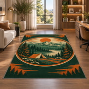 Vintage Camping Badge rug in a living room with a desk and large windows