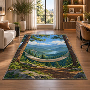 Hammock Between Pines rug in a living room with a desk and large windows