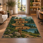 Camping Trail Signpost rug in a living room with a desk and large windows