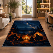 Family Campfire Under the Stars rug in a living room with a desk and large windows