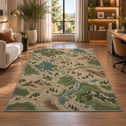 Topographic Trail Map rug in a living room with a desk and large windows