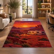 RV Red Rock Desert Sunset rug in a living room with a desk and large windows