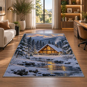 A-Frame Cabin in Snowy Pines rug in a living room with a desk and large windows