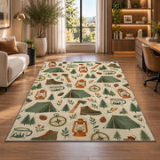 Camping Gear Pattern rug in a living room with a desk and large windows