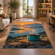 Steaming Camp Mug at Dawn rug in a living room with a desk and large windows