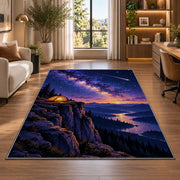 Tent on Cliff with Shooting Star rug in a living room with a desk and large windows