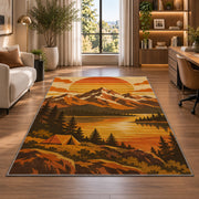 Retro 70s Mountain Sunset rug in a living room with a desk and large windows