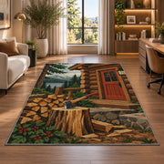 Firewood and Axe by Cabin rug in a living room with a desk and large windows