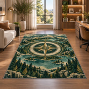 Compass in Mountain Forest Ring rug in a living room with a desk and large windows